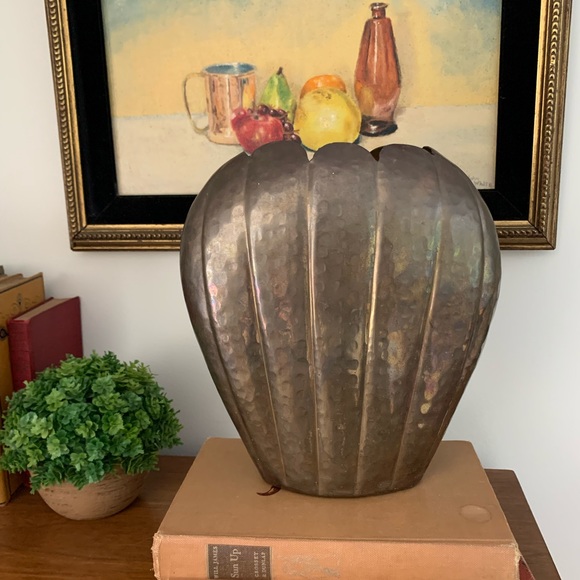 Vintage Large Art Deco Style Hammered Brass Vase